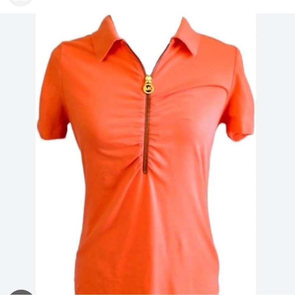 Michael Kors gold logo MK zipper polo blouse. Stretchy. Ruched sleeves